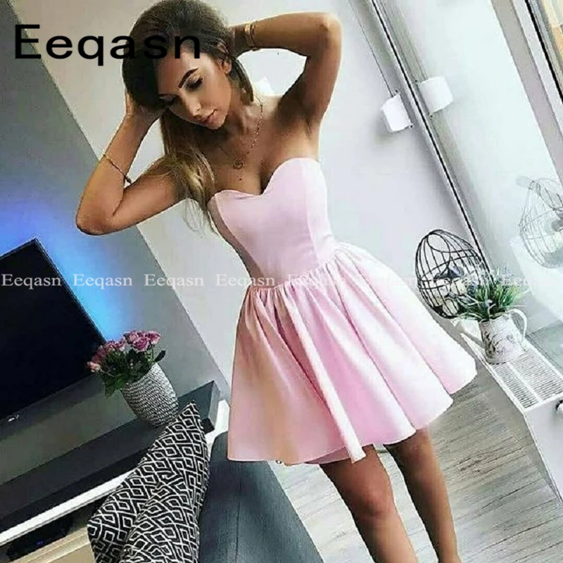 

Cute Pink Mini Cocktail Dress 2019 Sweetheart Stretch Satin Sleeveless A-Line Short Prom Party Gown Homecoming Dresses Cheap