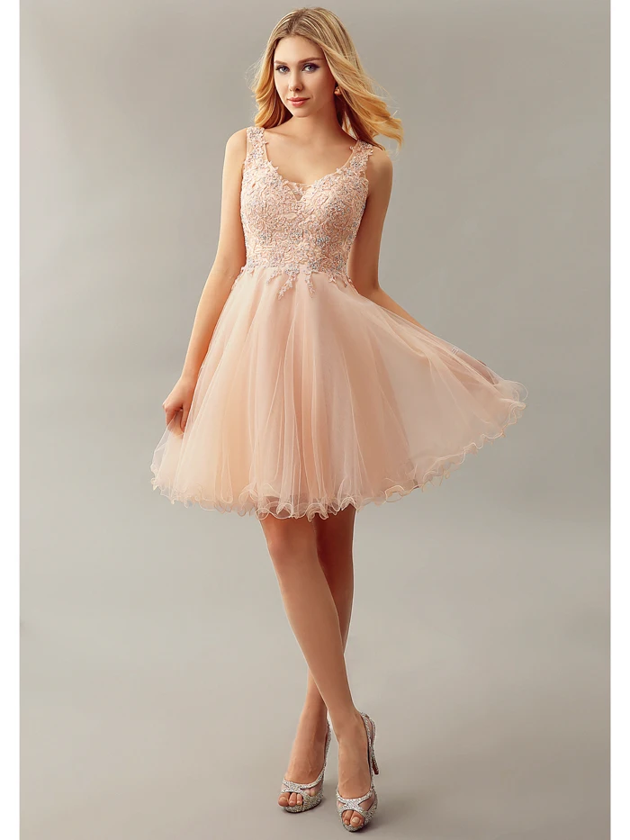 Simple Champagne Short A line Lace Appliques Tulle Knee Length font b Cocktail b font font