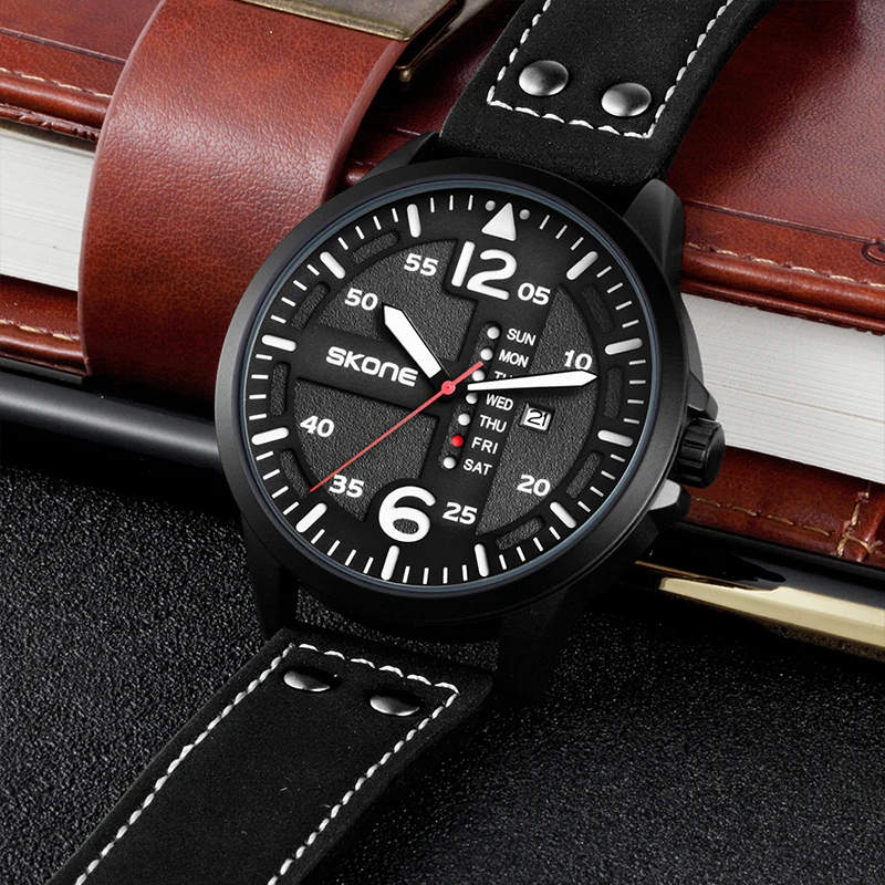 SKONE мужские часы Кварцевые водонепроницаемые флуоресцентные модные повседневные наручные часы с кожаным ремешком Reloj Hombre мужские черные военные Kol Saati