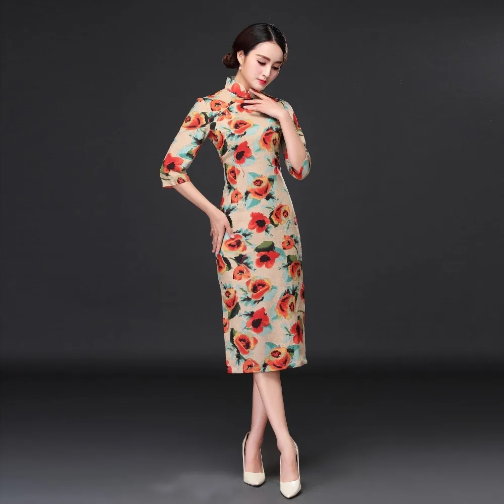 Novelty Clothes Chinese Traditional women's dress Cotton Linen Cheongsam Qipao Summer Three Quarter Sleeve Long Dress chinese dress