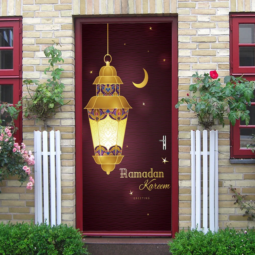 3d наклейки на дверь мусульманский ИД Мубарак украшение для дома обои для двери ПВХ самоклеющиеся съемные двери Фреска 77*200 см