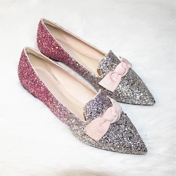 

Glitter Sequined Cloth Butterfly-Knot Single Shoes Women Elegant Crystal Shallow Female Shoes Party Dress Soft Flat Footwear