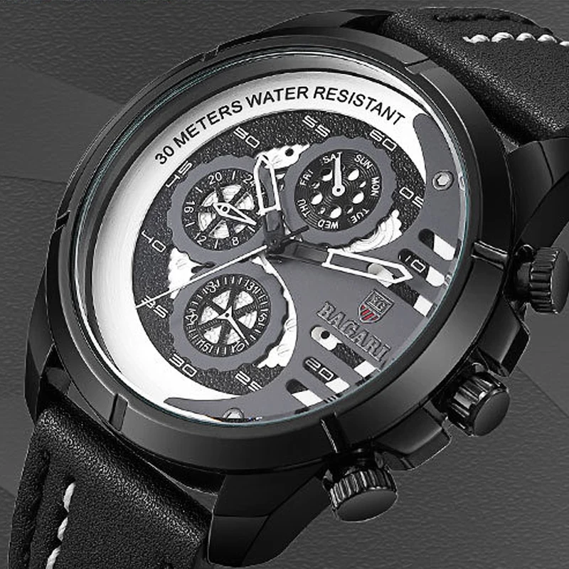 

Men Sport Watches BAGARI 2019 NEW Luxury Brand Quartz Waterproof Clock Man Army Military Leather Wrist Watch Relogio Masculino