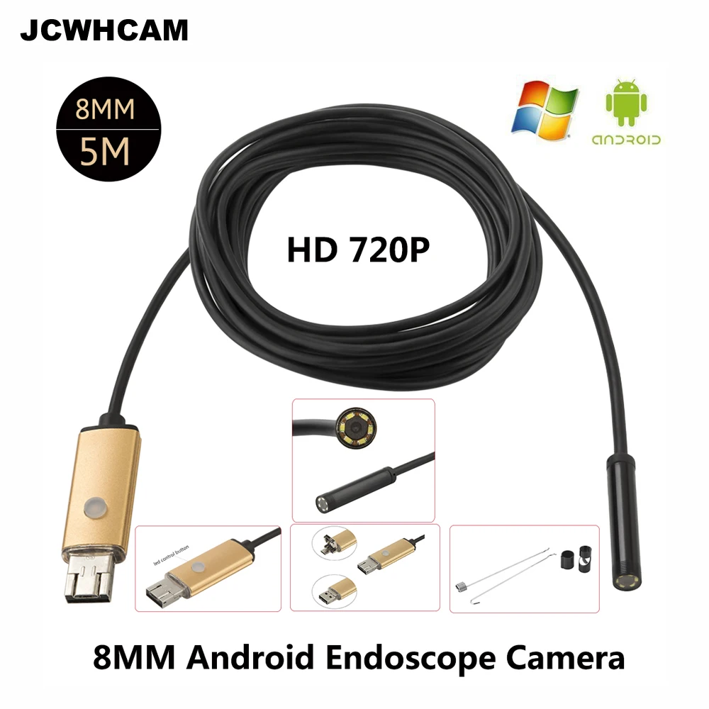 JCWHCAM 2MP 5 м 1 м USB эндоскопическая камера Android 8 мм объектив гибкая USB Змея Камера IP68 HD 720P USB-бороскоп на Android Камера