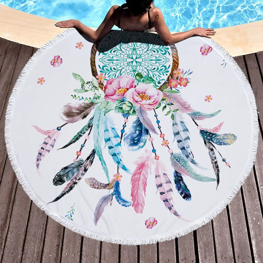 

Hot sale Feather style bath towel Microfiber Round Beach Towel with Tassel Large Beach Towels Blanket Picnic Yoga Mat Tablecloth