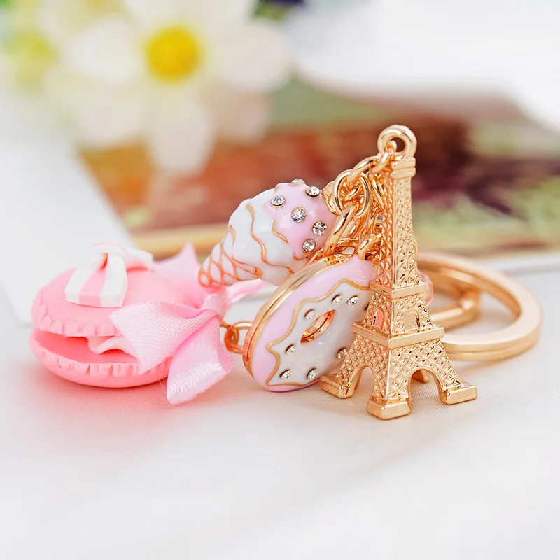 

New Arrival Creative Jewelry Macaron Cake Eiffel Tower Element Pendant Keychains Crystal Keyrings Charms Gift For Women