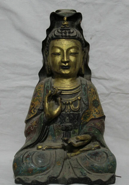 

p6598 15" China Cloisonne Bronze 24K Gold Gilt Seat Kwan-yin Guan Yin Goddess Statue