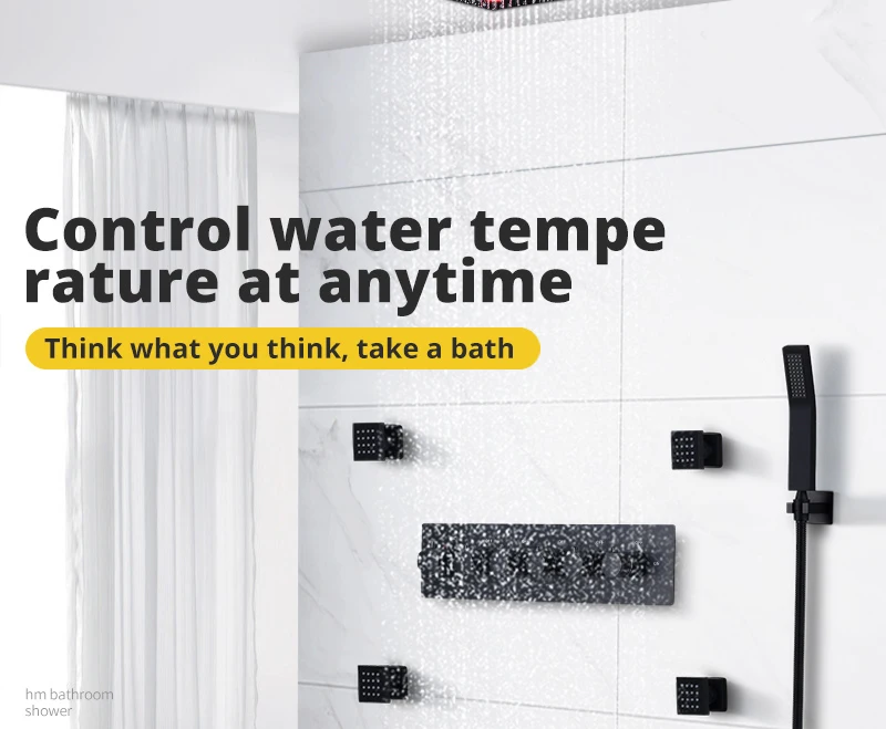 Multi-Function Shower Set Led Remote Control Light Black Brass Shower System (27)