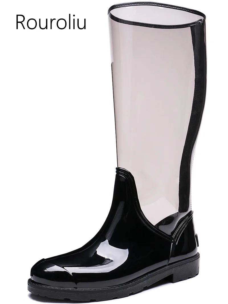 

Rouroliu Women Transparent Knee-high Rain Boots Waterproof Water Shoes Woman Wellies Back Zipper Rubber Rainboots RT369