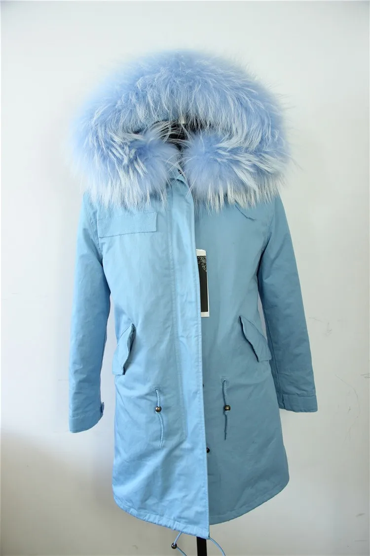 Высокое качество, бренд, новая зимняя куртка, пальто для женщин небесно-голубого цвета, Толстая теплая парка, настоящий большой мех енота, воротник с капюшоном