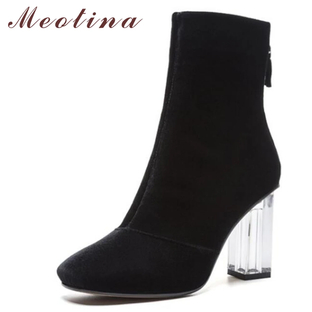 

Meotina Women Winter Ankle Boots High Heel Boots Square Toe Velvet Transparent Heel Short Boots Autumn Sexy Ladies Shoes Black