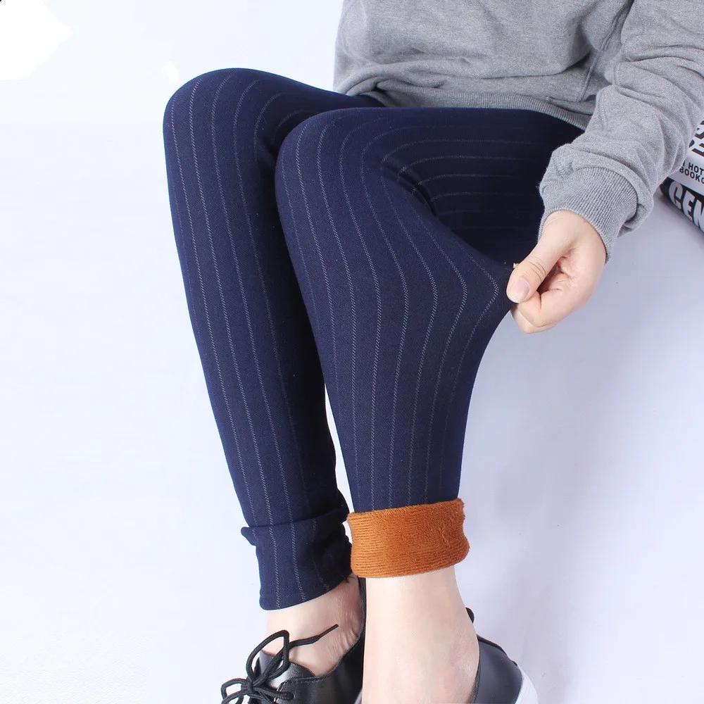 Осенние и зимние стильные леггинсы женские брюки плюс размер 5XL эластичные вертикальные полоски толстые плюс бархатные теплые женские