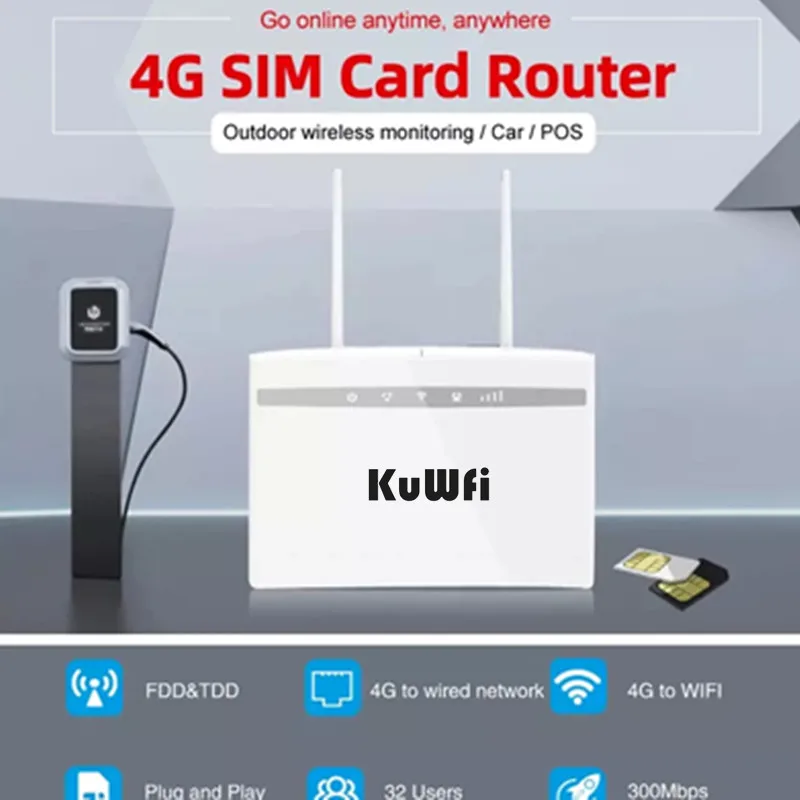 KuWfi 4G CPE Wifi маршрутизатор 3g/4G LTE CPE маршрутизатор 4G модем до 32 пользователей 150 Мбит/с Cat4 беспроводной маршрутизатор с rj45портами 2 шт антенны