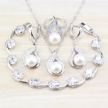 Настоящий натуральный пресноводный жемчуг CZ Белый Круглый 925 Серебряные Ювелирные наборы для женщин Свадебные модные комплекты костюмов и бесплатный подарок