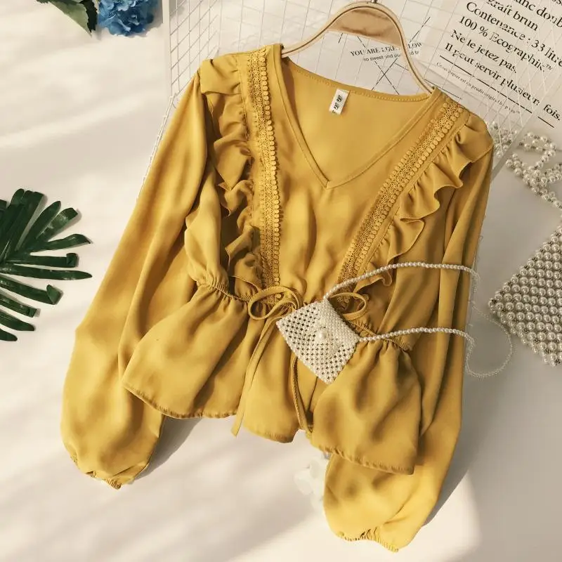 

Korean College V Collar Long Sleeve Splice Lace Waist Ruffle Casual Shirt Blouse Women Solid Color Tops D482