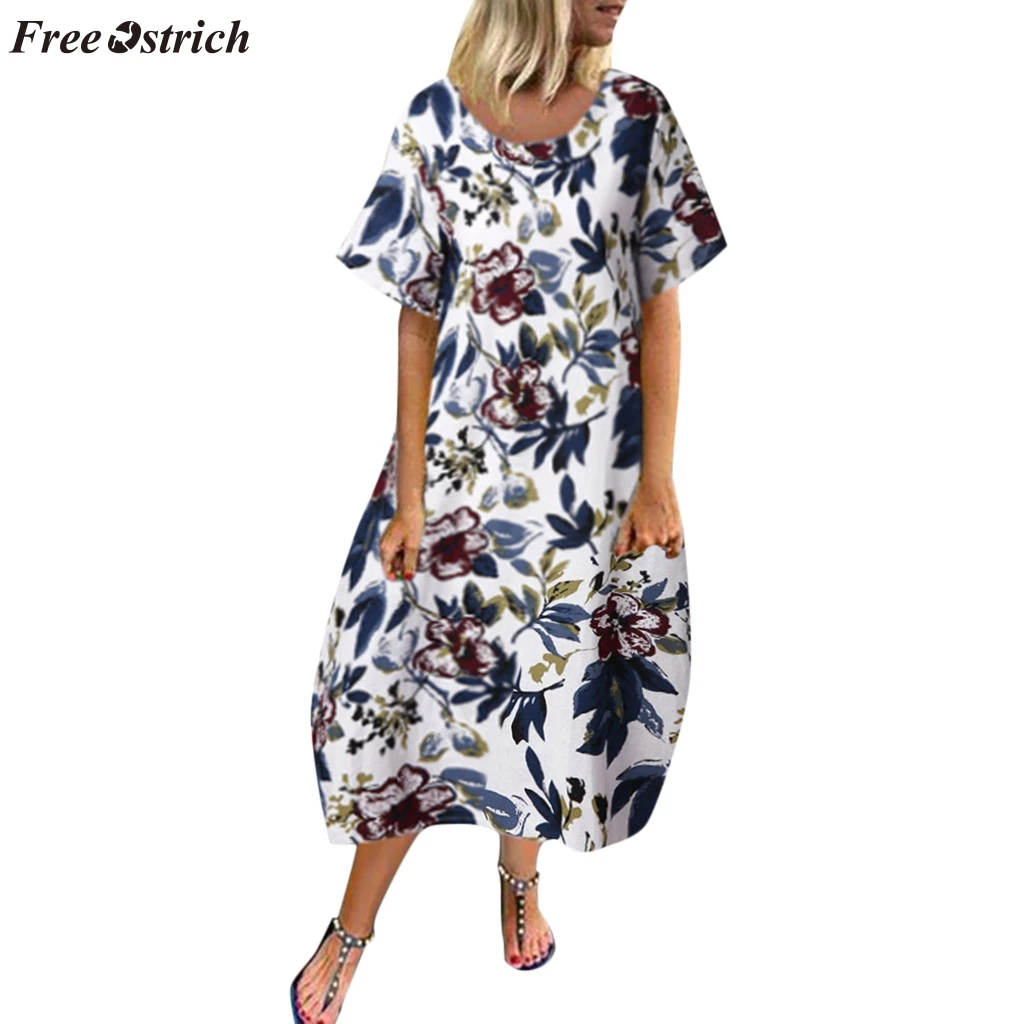 

FREE OSTRICH Summer and calf dresses women natural print short-sleeved round neck long dress hem loose mid-length fashion dress