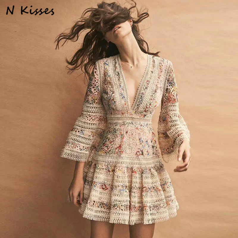 Kopen 2018 Lente Elegante O hals Kant Hol Vrouwen Jurk Print Borduurwerk Losse Lady Mini Jurk