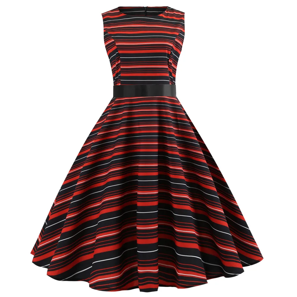 

Vintage Women Striped Printing Midi Dresses Fashion O Neck Sleeveless Knee Dresses Evening Party Prom Swing Summer Dresses