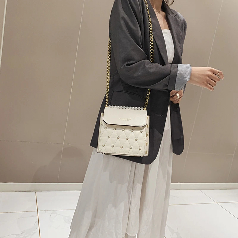 

MSGHER Handbags Women High Designer Pearl Small Shoulder Bags Female Fashion Diamond Lattice Chain Bags Quality PU Crossbody Bag