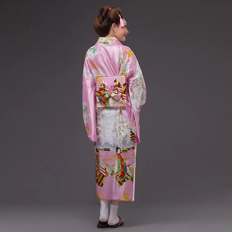 Горячее предложение розовый японский Для женщин шелк кимоно юката с Оби Винтаж вечерние платье для выпускного вечера Косплэй и Хеллоуин костюм один размер B-012