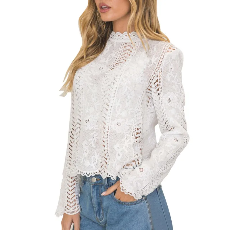 White Lace Hollow Out Turtleneck Long Sleeve Women Tops And Blouses ...