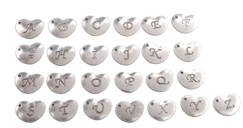 

52PCS Antiqued Silver alphabet letter heart drop charms