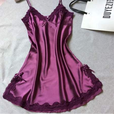 Женская сексуальная шелковая ночная рубашка, атласная ночная рубашка с v-образным вырезом, летние ночные рубашки, кружевное ночное белье для женщин - Цвет: Фиолетовый
