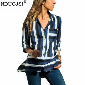 

NDUCJSI Office Blouse Women Sexy Turn Down Collar Long Sleeve Striped Shirt New Loose Casual Blouses Button Camisas Feminina