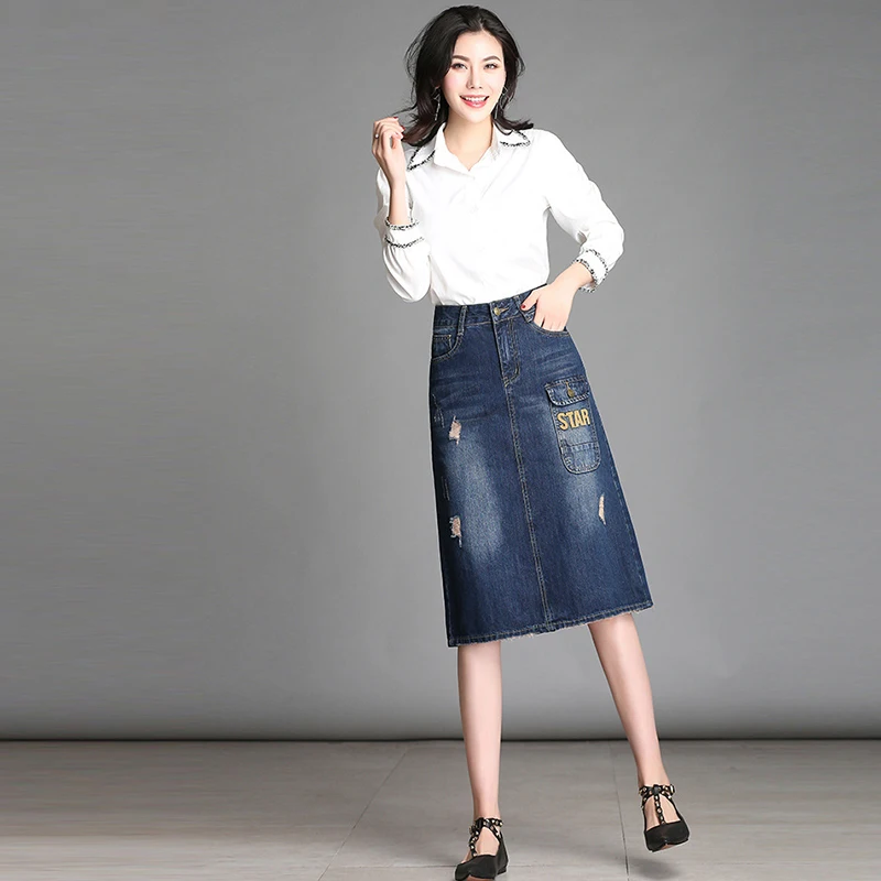 New Denim Skirt Women Plus Size Casual Pocket High Waist A Line ...
