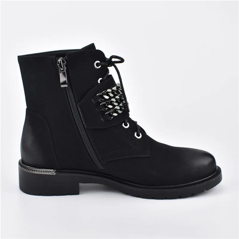 Odetina New Fashion Autumn Winter Women Chunky Low Heel Ankle Boots With Chains Lace Up Booties Side Zipper Warm Shoes Plus Size