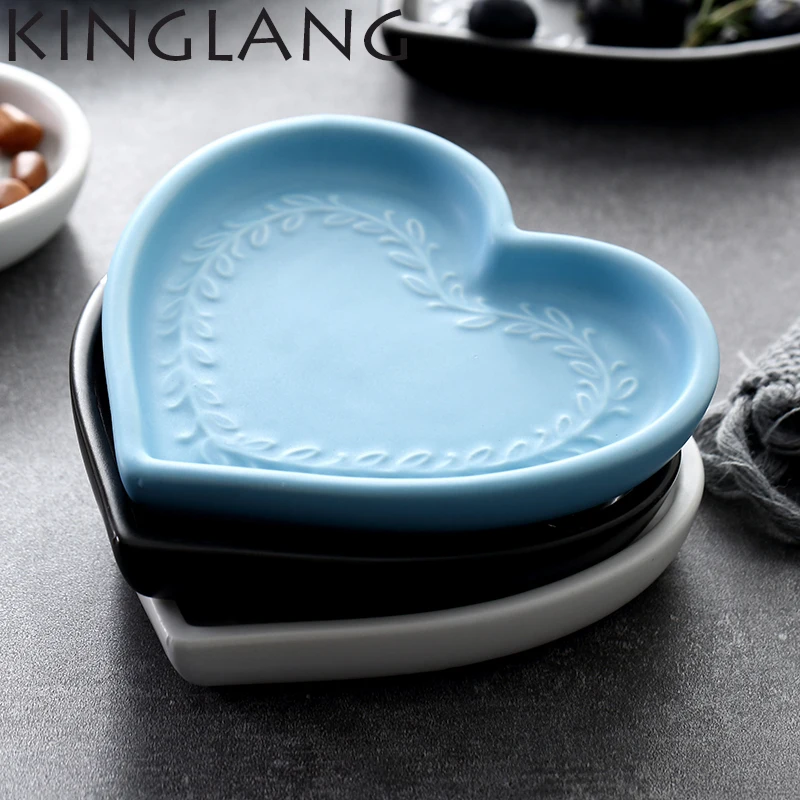 

1PC KINGLANG Ceramic Heart Shape Tapas Snack Dish Plate Something Blue Breakfast Plate Dish