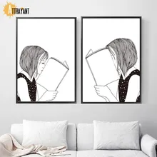 Read The Book Girl Wall Art Canvas Painting Nordic Posters And Prints Black White Wall Pictures For Living Room Bedroom Decor
