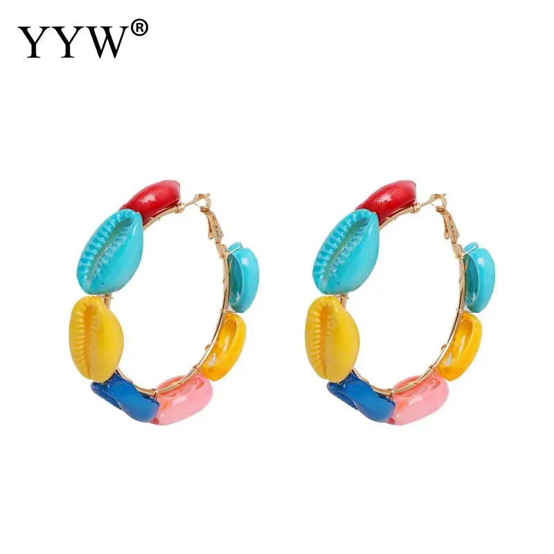 

2019 Hot Sale Beach Colorful Shell Shape Hoop Earrings For Women Bijoux Summer Jewelry Girls Big Geometric Circle Earring Female