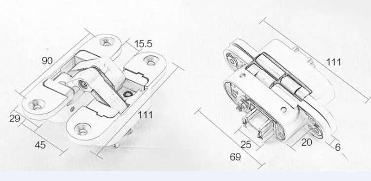 Трехмерной потайной дверной шарнир регулируемые петли нагрузки 110*30 мм 50 кг