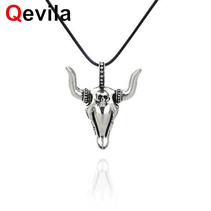 

Qevila 2019 New Fashion Gothic Vintage Bull Skull Necklaces for Men Stainless Steel Leather Chain Pendant Necklaces Jewelry Boho
