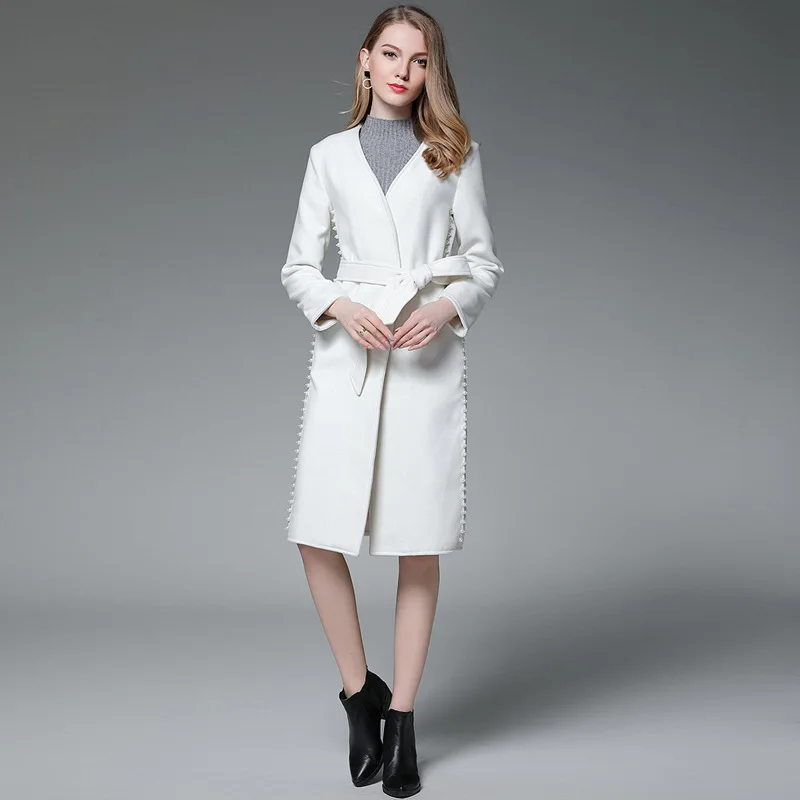 

2018 Autumn and Winter Star Style V-Neck Medium Style Solid Color Order Bead Patchwork Waistband Double-sided Wool Woolen Coat