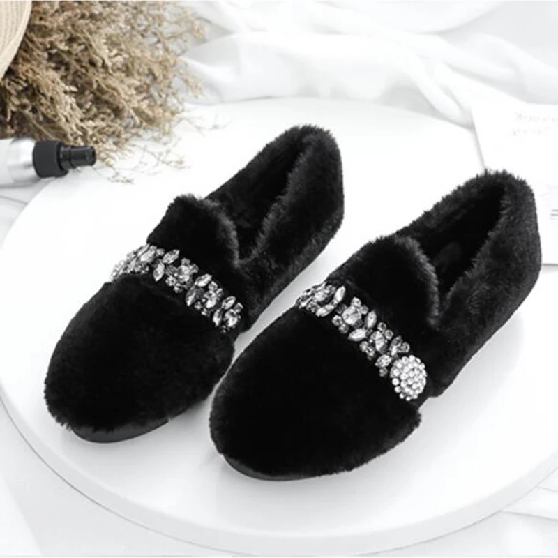 Crystal band decorate plush flats women winter warm loafers round toe ...