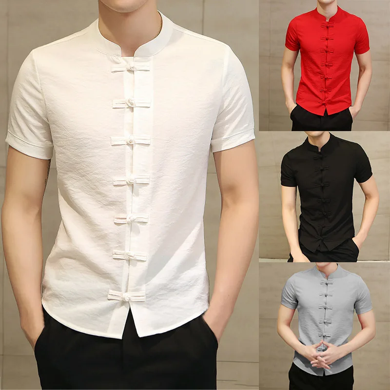 

Men Tops Solid Color Crew Neck Slim Fit Short Sleeve Chiense Styled Button Down Casual Shirt IK88