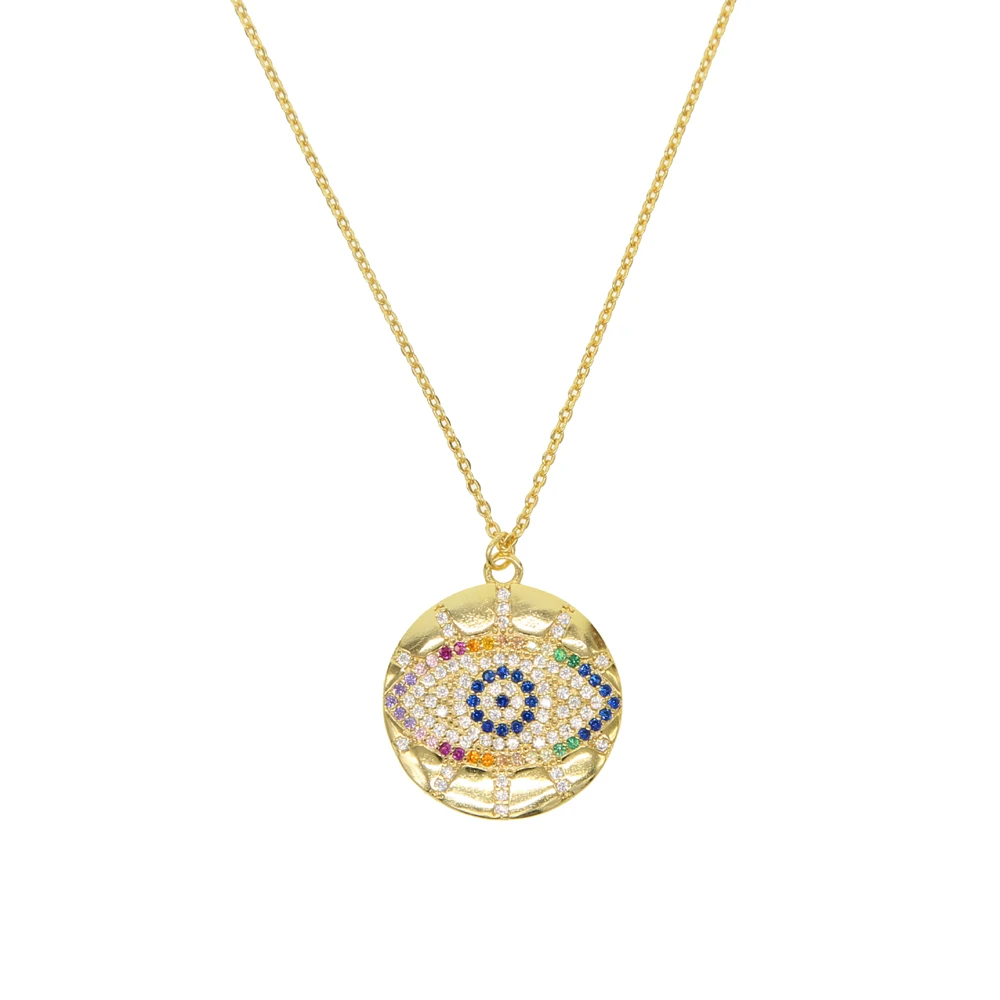 2024 Turkish Colorful Evil Eye Lucky Women Ladyes Gift Rainbow Cz Stone Trendy Round Coin Pendant Necklace Jewelry