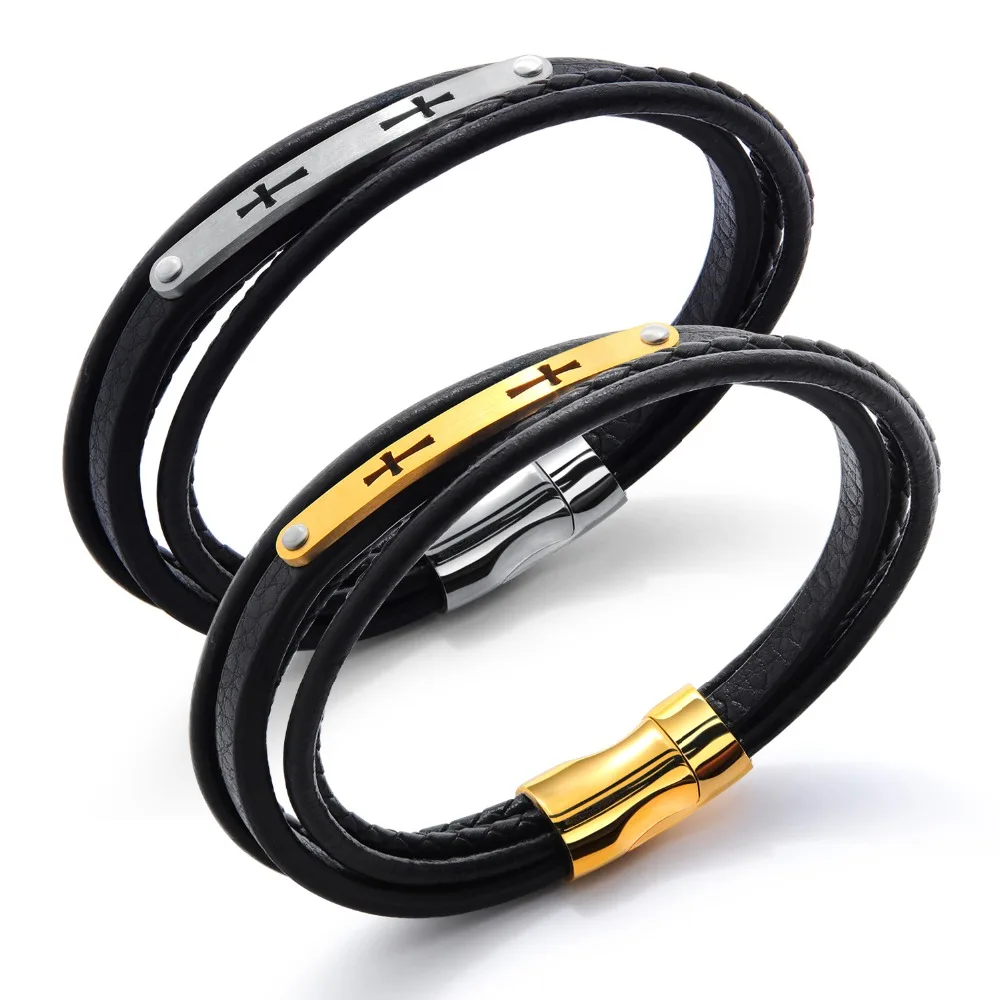 FATE LOVE New Male Men Statement Wrap Bracelets & Bangles Jewelry Black PU Leather Cross Wristlet Fashion Jewelry