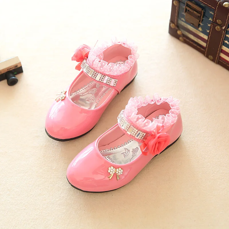 J Ghee Spring Autumn New Fashion Girls Shoes Patent PU Leather Rhinestone Beading Floral Lace Princess Kids Single Shoes 4 Color