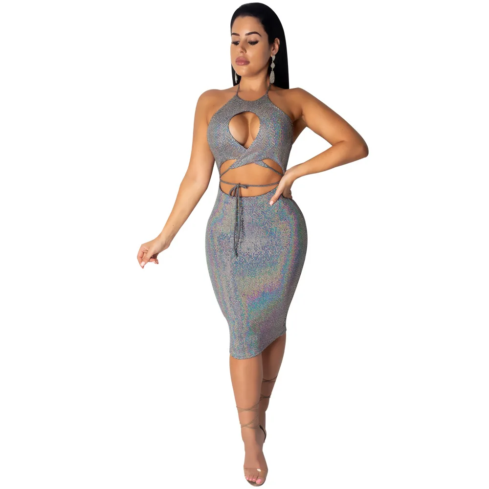 

Sexy Women's Suspenders Belly Dress Bandage Backless Hollow Sundress Female Hanging Neck Silver Dresses Summmer Nightclub Ladies