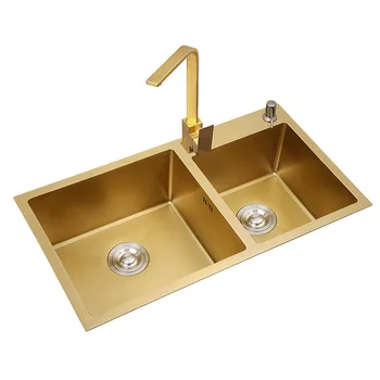

golden two sink 304 manual stainless steel double groove kitchen sink bowl dish washing basin sink household wiht faucet