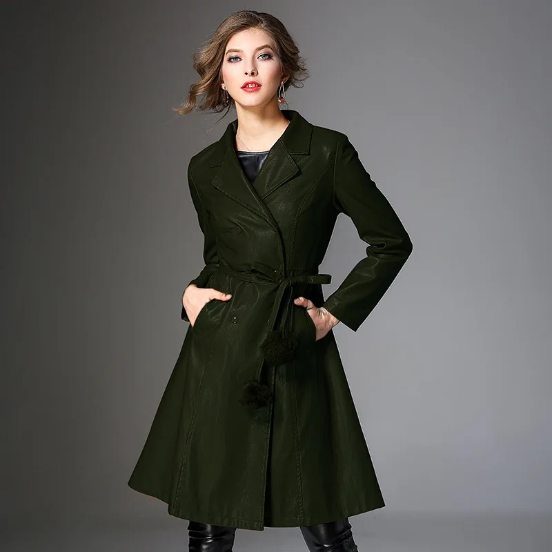 Outwear Veste Femmes Collar Pu Faux Cuir Manteaux Hiver Noir Casual Manches Turn Normcore Pleine down Mode En kaki Manteau Long vert Automne dexCoB