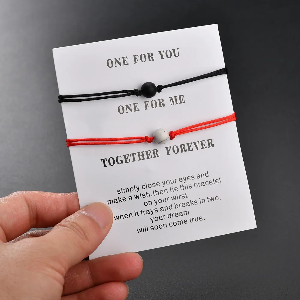 

2pcs/set Matte Lava Stone Natural Stone Bead Bracelet Red String Braiding Couple Bracelets for Friendship Wish Jewelry