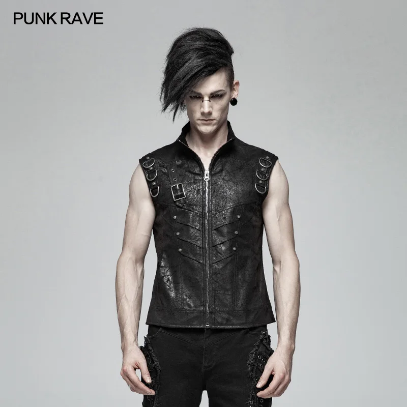

PUNK RAVE Men Black Gothic Style Punk Waistcoat Personality Men Sleeveless Fashion Vest Summer Men's Stage Cosplay Jacket Vest