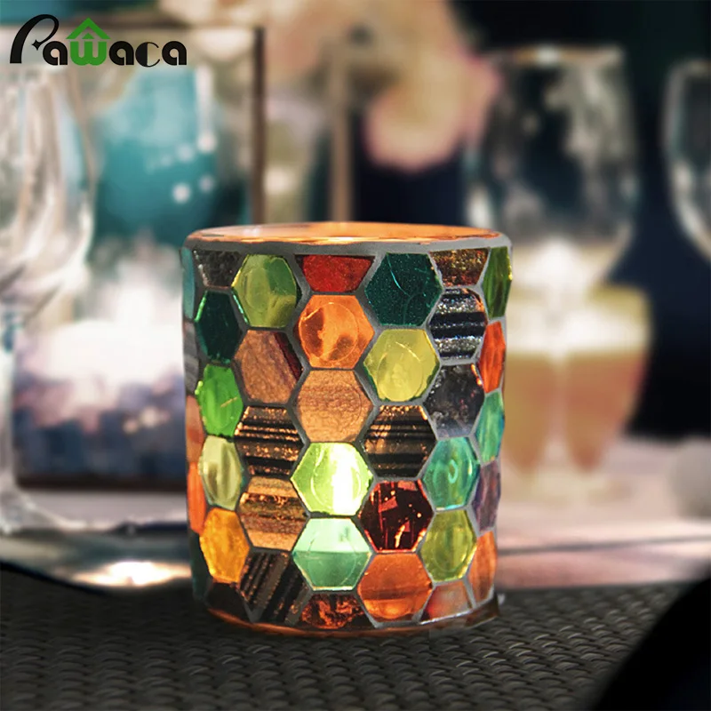 

Colorful Hexagon Mosaic Glass Candlestick Tealight Tea Light Candle Holder Cup Windproof Protection Feast Home Party Decoration