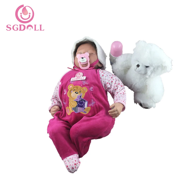 [SGDOLL] 55cm/22inches Lifelike Sleeping Baby with Bear Jumpsuit Reborn Dolls Vinyl Handmade Toys Birthday Holiday Gift 15103137