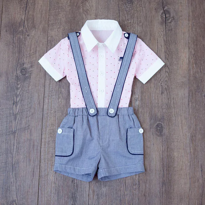 Bosudhsou/новая одежда для малышей комплекты детской одежды для мальчиков футболка с короткими рукавами+ брюки-комбинезон на подтяжках 0-3Y Ql-0 - Цвет: Розовый