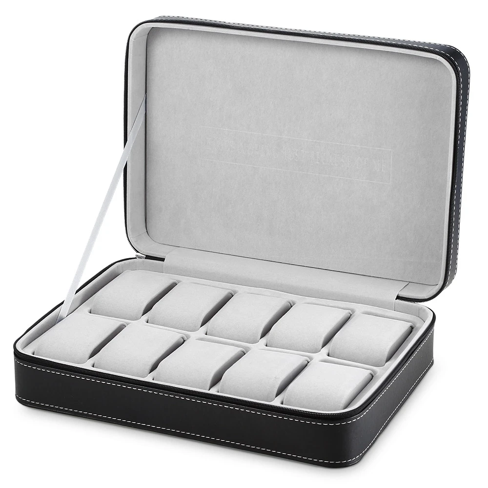 

10 Grids PU Leather Travel Watch Storage Case Zipper Wristwatch Box Organizer